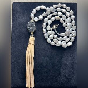 Elegant Freshwater Pearl and Leather Tassel Necklace w/ Charcoal Quartz Pendant
